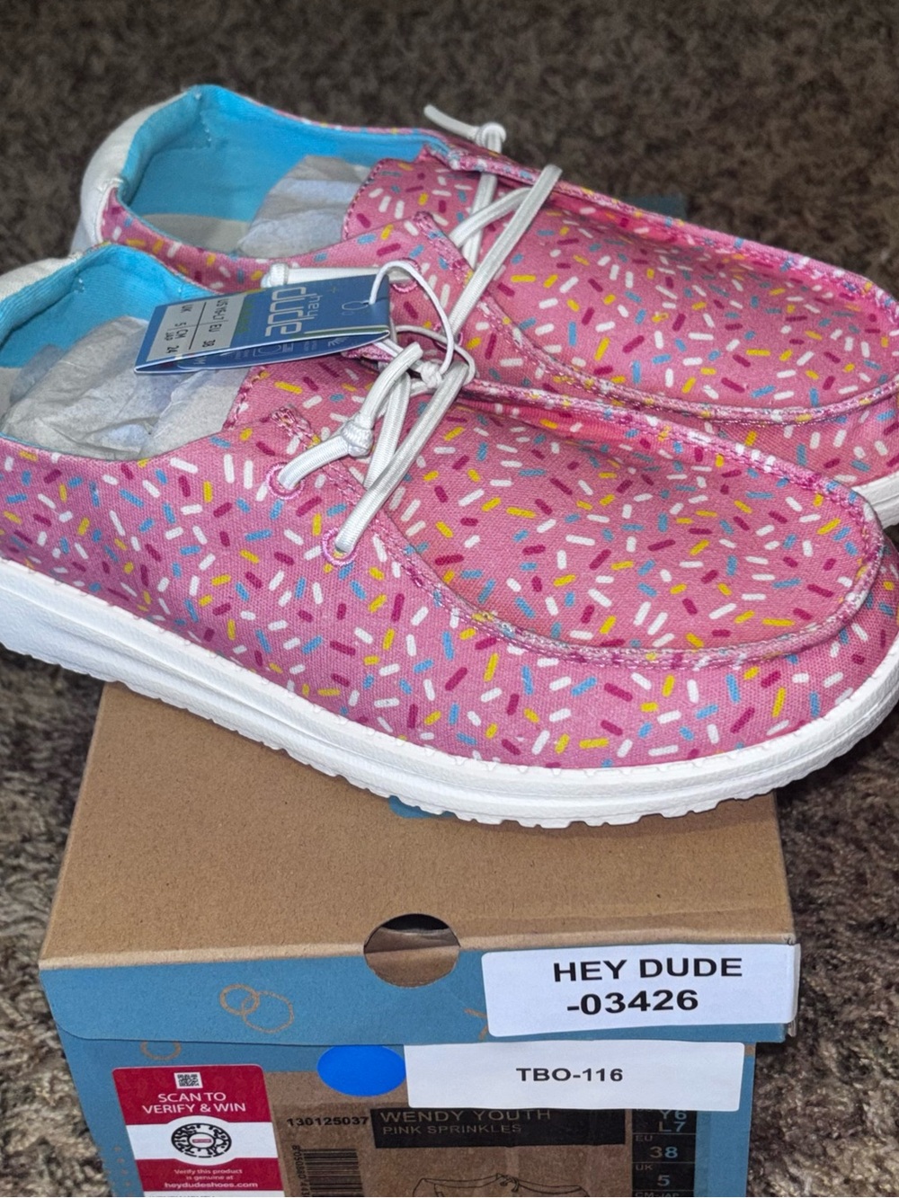 Hey Dude Wendy Youth Shoes Girls Size Y6 Women’s 7 Pink Sprinkles Casual Slip On